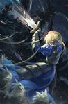  armor artoria_pendragon_(all) bad_id bad_pixiv_id battle berserker blonde_hair blue_dress cross dress fate/stay_night fate_(series) gauntlets graveyard hair_bun motion_blur red_eyes ribbon saber seeker sword weapon 