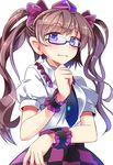  bespectacled blush breasts brown_hair checkered checkered_skirt collared_shirt disdain e.o. frilled_shirt_collar frills glasses hat highres himekaidou_hatate long_hair medium_breasts necktie puffy_short_sleeves puffy_sleeves purple_eyes raised_eyebrows semi-rimless_eyewear shirt short_sleeves skirt solo tokin_hat touhou twintails very_long_hair white_background wrist_cuffs 