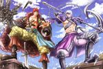  2boys chains chousokabe_motochika_(sengoku_basara) crossover eustass_captain_kid eyepatch gun head_scarf headscarf male male_focus multiple_boys one_piece red_hair sash sengoku_basara smile sorane sword topless weapon white_hair 