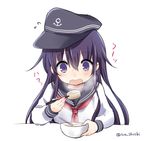  akatsuki_(kantai_collection) anchor anchor_symbol bowl chopsticks daikon food hair_between_eyes hat ica kantai_collection long_hair long_sleeves messy_hair neckerchief oden open_mouth purple_eyes purple_hair red_neckwear school_uniform serafuku steam sweatdrop white_background 