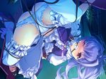  1girl angry ass bdsm blush bondage bound busou_shoujotai_blade_briders cable clenched_teeth gagged game_cg high_heels highres legs long_hair looking_at_viewer microphone min-naraken panties ponytail purple_hair red_eyes solo spread_legs teeth thighs underwear white_legwear wince 