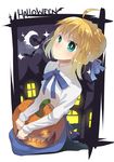  ahoge artoria_pendragon_(all) blonde_hair casual fate/stay_night fate_(series) green_eyes halloween highres jack-o'-lantern kneeling luo. pantyhose saber smile solo 