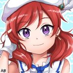  bad_id bad_pixiv_id closed_mouth earrings feather_beret fingerless_gloves gloves hand_in_hair jewelry kim_bae-eo looking_at_viewer love_live! love_live!_school_idol_project necktie nishikino_maki portrait purple_eyes red_hair signature smile solo white_gloves wonderful_rush 