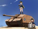  2girls artist_name blonde_hair blue_sky blush boots brown_eyes brown_hair caesar_(girls_und_panzer) canteen caterpillar_tracks cloud dated day emblem erwin_(girls_und_panzer) field_kitchen girls_und_panzer goggles ground_vehicle hat highres jacket jacket_on_shoulders kanokoga long_sleeves military military_uniform military_vehicle motor_vehicle multiple_girls on_vehicle ooarai_(emblem) ooarai_military_uniform peaked_cap pleated_skirt red_scarf scarf short_hair skirt sky squatting sturmgeschutz_iv tank tank_destroyer turretless_tank uniform 