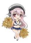  absurdres blush breasts cheerleader chibi cleavage headphones highres large_breasts long_hair looking_at_viewer mayuki_(nami1120) navel nitroplus open_mouth panties pink_eyes pink_hair pom_poms smile solo super_sonico underwear white_background 