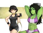  34no404 abs armpits arms_behind_head black_hair blue_eyes bodysuit breasts brown_eyes choker cleavage crop_top crossover dumbbell exercise green_skin hand_on_hip jennifer_walters large_breasts long_hair makoto_(street_fighter) marvel medium_breasts midriff multiple_girls navel ribbon_choker she-hulk short_hair shorts smile street_fighter wristband 