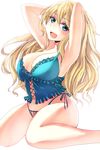  :d adjusting_hair arms_up atago_(kantai_collection) babydoll blonde_hair blue_eyes blue_panties breasts cleavage highres kantai_collection large_breasts liar_lawyer long_hair open_mouth panties side-tie_panties sitting smile solo string_panties underwear wariza 
