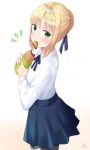 1girl :t artoria_pendragon_(all) bangs black_ribbon blonde_hair blue_ribbon blue_skirt blush braid brown_background brown_legwear closed_mouth collared_shirt commentary_request eyebrows_visible_through_hair fate/stay_night fate_(series) fingernails food food_in_mouth gradient gradient_background green_eyes hair_bun hair_ribbon highres kubong long_sleeves looking_at_viewer looking_to_the_side mouth_hold neck_ribbon notice_lines pantyhose pleated_skirt ribbon saber shirt sidelocks signature skirt solo taiyaki wagashi white_background white_shirt 