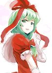  bow dress elbow_gloves front_ponytail gloves green_eyes green_hair hair_bow kagiyama_hina looking_at_viewer open_mouth puffy_short_sleeves puffy_sleeves red_dress short_sleeves sinzan sketch smile solo touhou upper_body white_gloves 