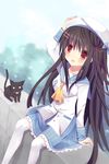  :d bad_id bad_pixiv_id black_hair bow brown_eyes cat hair_bow hair_ornament hair_ribbon hairclip hand_on_headwear highres kamichi_miyaki long_hair looking_up open_mouth original ribbon school_uniform serafuku sitting smile solo thighhighs very_long_hair white_legwear zettai_ryouiki 