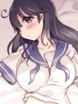  ahoge black_hair blush breasts kantai_collection large_breasts long_hair looking_at_viewer lying mikage_sekizai on_back school_uniform serafuku solo ushio_(kantai_collection) 