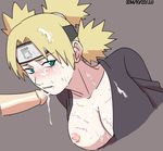  1girl areolae blonde_hair blush breast_slip breasts breasts_outside bukkake cum cum_on_body cum_on_breasts cum_on_clothes cum_on_hair cum_on_upper_body cumdrip erection facial green_eyes jjj_(dbsgh8573) large_breasts naruto nipples one_breast_out penis solo_focus temari uncensored 