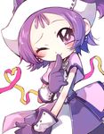  blush earrings finger_to_mouth heart heart_of_string jewelry looking_at_viewer ojamajo_doremi one_eye_closed pink_ribbon purple_eyes purple_hair ribbon segawa_onpu short_hair side_ponytail simple_background sketch smile solo white_background yellow_ribbon 