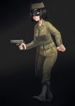  belt black_hair blue_eyes boots commentary domino_mask erica_(naze1940) garrison_cap gun handgun hat highres holding holding_gun holding_weapon holster m1911 mask military military_uniform original pistol short_hair solo trigger_discipline uniform us_army weapon world_war_ii 