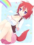  :d ahoge amairo_islenauts animal_ears bad_id bad_pixiv_id breasts cleavage fang hair_ornament hairclip kamichi_miyaki large_breasts looking_at_viewer masaki_gaillard open_mouth panties pantyshot purple_eyes rainbow red_hair short_hair smile solo sparkle tail underwear wolf_ears wolf_tail 