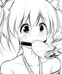  bdsm blush bondage bound bow commentary crying crying_with_eyes_open drugs gag gagged greyscale hair_bow improvised_gag kaname_madoka mahou_shoujo_madoka_magica maullarmaullar monochrome rope shibari short_twintails smoke smoking solo tears twintails 