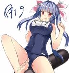  :d bare_legs bare_shoulders barefoot blue_hair blush breasts covered_navel fang hair_ornament hair_ribbon i-19_(kantai_collection) kantai_collection kuhotaka large_breasts looking_at_viewer name_tag open_mouth red_eyes ribbon school_uniform simple_background smile solo star star-shaped_pupils symbol-shaped_pupils torpedo tri_tails white_background 