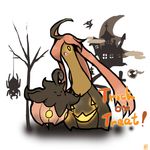  ahoge gastly gourgeist gravestone halloween jack-o&#039;-lantern jack-o'-lantern long_hair open_mouth pink_hair pokemon pokemon_(game) pokemon_xy pumpkaboo spider spinarak tombstone tree trick_or_treat yellow_eyes zubat 