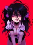  breasts cleavage fua_yuu hata-tan himekaidou_hatate long_hair medium_breasts messy_hair purple_hair red_background scar skirt solo touhou yandere 