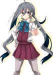  &gt;:) ahoge asymmetrical_bangs bangs bow bowtie front-seamed_legwear grey_eyes grey_hair grey_legwear hair_between_eyes hand_on_hip kantai_collection kiyoshimo_(kantai_collection) kuhotaka long_hair long_sleeves looking_at_viewer low_twintails multicolored_hair outstretched_hand pantyhose pleated_skirt purple_skirt seamed_legwear skirt smile solo twintails two-tone_hair v-shaped_eyebrows very_long_hair w white_background 