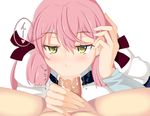  1girl :&gt;= admiral_(kantai_collection) akashi_(kantai_collection) blush cum cum_in_mouth cumdrip erection fellatio gachou green_eyes heart heart-shaped_pupils kantai_collection lips looking_at_viewer oral penis pink_hair pov pov_eye_contact schizanthus_(artist) simple_background symbol-shaped_pupils uncensored white_background 