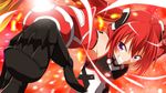  bare_shoulders black_gloves blush bodysuit eyelashes gloves grin hair_ornament happy henshin long_hair looking_at_viewer mecha_musume ore_twintail_ni_narimasu purple_eyes red red_background red_hair smile solo tailred transformation twintails yuto_(dialique) 