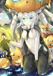  aqua_eyes bad_id bad_pixiv_id basket between_legs black_gloves bodysuit breasts cane covered_navel enemy_aircraft_(kantai_collection) gloves glowing glowing_eyes halloween hand_between_legs headgear highres jack-o'-lantern kantai_collection kneeling konka lantern long_hair medium_breasts pale_skin shinkaisei-kan short_hair silver_hair solo staff tentacles wo-class_aircraft_carrier 