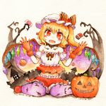  :d animal_print bare_shoulders bat_print blonde_hair bow candy chocolate collarbone colored_pencil_(medium) dated fangs flandre_scarlet food gloves halloween halloween_costume hat hat_bow highres jack-o'-lantern midriff mob_cap navel open_mouth pantyhose print_legwear red_gloves shiro_tsugumi short_sleeves side_ponytail sitting smile solo touhou traditional_media wariza watercolor_(medium) watercolor_pencil_(medium) wings 