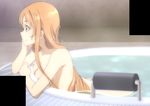  1girl a-1_pictures asuna_(sao) bathroom bathtub breasts brown_eyes censored cleavage convenient_censoring hand_on_cheek hand_on_own_face long_hair medium_breasts nude orange_hair partially_submerged screencap side_view sideboob smile sword_art_online wet wet_hair 