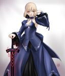  akatsuki_(mp31097 artoria_pendragon_(all) blonde_hair dark_excalibur detached_sleeves dress fate/stay_night fate_(series) gown hand_on_hilt hand_on_sword highres planted_sword planted_weapon saber_alter solo sword weapon yellow_eyes 