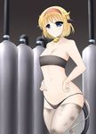  :/ alice_margatroid animal_ears bell bell_collar blonde_hair blue_eyes blush bra breasts collar collarbone cow_ears cow_tail dirty_clothes hands_on_hips highres hose kurokaze_no_sora medium_breasts navel oxygen_tank panties sheer_legwear solo strapless strapless_bra tail thighhighs thong touhou underwear 