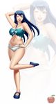  1girl apple bare_shoulders blue_hair breasts brown_eyes cleavage curvy fairy_tail food fruit large_breasts legs long_hair lvl_(sentrythe2310) midriff navel older one_eye_closed short_shorts shorts smile standing_on_one_leg tubetop wendy_marvell wink 