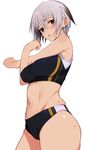  bare_shoulders breasts brown_eyes buruma cowboy_shot from_side grey_hair highres large_breasts looking_at_viewer midriff navel original parted_lips shinjiro short_hair simple_background solo sports_bikini stretch sweat white_background 