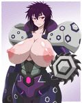  absurdres armor breastless_clothes breasts breasts_outside highres huge_breasts liebert majin_bone nipples purple_hair red_eyes shiny shiny_skin short_hair solo yukimaru_(gojo) 