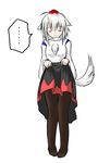  ahoge animal_ears black_legwear blush breasts closed_eyes detached_sleeves ears_down embarrassed hat inubashiri_momiji medium_breasts pantyhose pom_pom_(clothes) short_hair silver_hair simple_background solo tail taurine_8000mg tokin_hat touhou white_background wolf_ears wolf_tail 