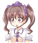  bow brown_hair hair_bow hat himekaidou_hatate long_hair necktie nibi open_mouth puffy_short_sleeves puffy_sleeves purple_eyes shirt short_sleeves sketch solo tokin_hat touhou twintails upper_body 
