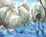  ahoge alternate_costume alternate_hairstyle aqua_hair black_gloves boots denim from_behind gloves hand_on_hip hiyashi_mikan jeans kawashiro_nitori pants pointy_ears rock rubber_boots scarf shirt side_ponytail sleeveless sleeveless_shirt solo tool_belt touhou wading water waterfall 