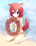  :3 absurdres ahoge amairo_islenauts animal_ears bad_id bad_pixiv_id barefoot beach bikini breasts cleavage doughnut_innertube hair_ornament hairclip highres holding innertube kamichi_miyaki large_breasts looking_at_viewer masaki_gaillard navel purple_eyes red_hair short_hair sitting solo sprinkles swimsuit tail wolf_ears wolf_tail x_hair_ornament 