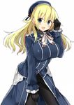  :d atago_(kantai_collection) beret black_gloves black_legwear blonde_hair blue_eyes blush breasts cowboy_shot frilled_sleeves frills gloves hand_on_thigh hat kantai_collection kuhotaka large_breasts leaning_forward long_hair long_sleeves looking_at_viewer military military_uniform open_mouth pantyhose showgirl_skirt simple_background smile solo uniform white_background 