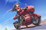  belt black_hair black_legwear blue_eyes blue_sky day english fate/stay_night fate_(series) from_below glint gloves ground_vehicle gun hair_ribbon handgun helmet highres holster long_hair looking_at_viewer looking_down motor_vehicle motorcycle ohland profanity ribbon road_sign scarf shiny sign skirt sky smile solo straddling thighhighs toosaka_rin two_side_up weapon zettai_ryouiki 
