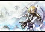 2010 blonde_hair bodysuit cape claymore claymore_(sword) closed_eyes cowboy_shot faulds gloves letterboxed maxa' miria_(claymore) object_hug over_shoulder pillar ruins shoulder_pads solo sword sword_over_shoulder vambraces weapon weapon_over_shoulder white 
