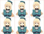  atago_(kantai_collection) beret blonde_hair breasts bryanz09 emofuri expressions green_eyes hat highres kantai_collection large_breasts long_hair military military_uniform simple_background smile solo uniform white_background 