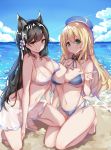  2girls :q absurdres animal_ear_fluff animal_ears atago_(azur_lane) atago_(kantai_collection) azur_lane bangs bare_arms bare_legs bare_shoulders barefoot beach beret bikini black_hair blonde_hair blue_bikini blue_hat blue_sky breast_press breasts brown_eyes cleavage closed_mouth cloud cloudy_sky collarbone commentary day eyebrows_visible_through_hair green_eyes groin hat hat_ribbon highleg highleg_bikini highres horizon kantai_collection kneeling large_breasts long_hair looking_at_viewer mole mole_under_eye multiple_girls navel ocean outdoors ribbon sarong scarlet_dango see-through shadow sidelocks sky slippers smile stomach strap_gap strap_pull swimsuit symmetrical_docking thighs tongue tongue_out very_long_hair water white_bikini white_footwear 