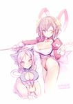  :3 ;) absurdres animal_ears blue_eyes blurry breasts bunny_ears cat_ears cat_tail character_request cleavage copyright_request covered_navel full_body hair_ornament highres hips kitty_clawer large_breasts leotard looking_at_viewer multiple_girls one_eye_closed purple_eyes purple_hair red_hair rondo_bell saga saga_frontier seiza simple_background sitting skin_tight smile standing tail thighs white_background 