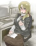  annoyed bespectacled black_legwear blonde_hair blush cardigan chair computer freckles glasses hair_ribbon idolmaster idolmaster_dearly_stars long_skirt office_chair older pantyhose paper pen ponytail red_eyes ribbon sitting skirt solo suzuki_ayane sweat sweater tobatoinu 