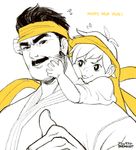  1girl :p brekkist carrying dougi eyebrows facial_hair father_and_daughter happy_new_year headband makoto_(street_fighter) masaru_(street_fighter) md5_mismatch mustache new_year piggyback sideburns spot_color street_fighter thick_eyebrows thumbs_up tongue tongue_out younger 