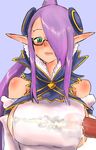  blush breasts bust cum cum_on_body cum_on_breasts cum_on_clothes cum_on_upper_body ejaculation elf glasses green_eyes hair_over_one_eye han_(jackpot) large_breasts open_mouth penis penis_under_clothes pointy_ears ponytail purple_hair sacred_blaze selphina sideboob sweat upper_body 