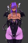  bare_shoulders black_legwear blue blush breasts choker cleavage cleavage_cutout cum cum_on_body cum_on_breasts cum_on_upper_body dark_skin demon_girl emaason hair_over_one_eye heart heart_tail highres horns large_breasts long_hair mole original pantyhose pointy_ears purple_hair smile solo succubus sweat tail thighhighs thighhighs_over_pantyhose wings 