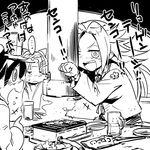  al_bhed_eyes alcohol beer blush chimney cup drunk food greyscale grill jun'you_(kantai_collection) kantai_collection long_hair monochrome mug multiple_girls open_mouth ryuujou_(kantai_collection) skirt smile table translated visor_cap watarai_keiji yakiniku zuihou_(kantai_collection) 