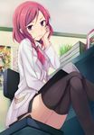  :t ascot chair crossed_legs doctor from_below hand_on_own_cheek kalian love_live! love_live!_school_idol_project nishikino_maki poster_(object) pout purple_eyes reading red_hair short_hair sitting skirt tablet thighhighs v-shaped_eyebrows 